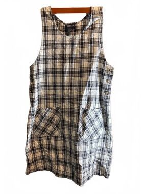 Vintage Linen Blend Plaid Mini Dress with Pockets and Button details - Medium